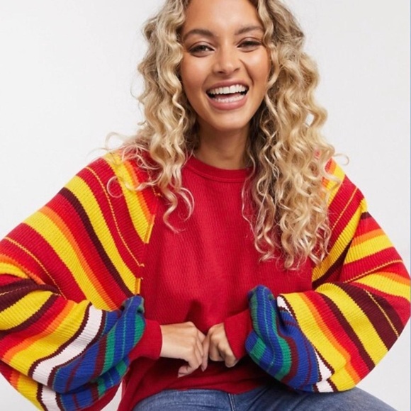 We The Free People ❤️ Rainbow Dreams Striped Sleeve Sweater Thermal Red XS - Picture 1 of 10
